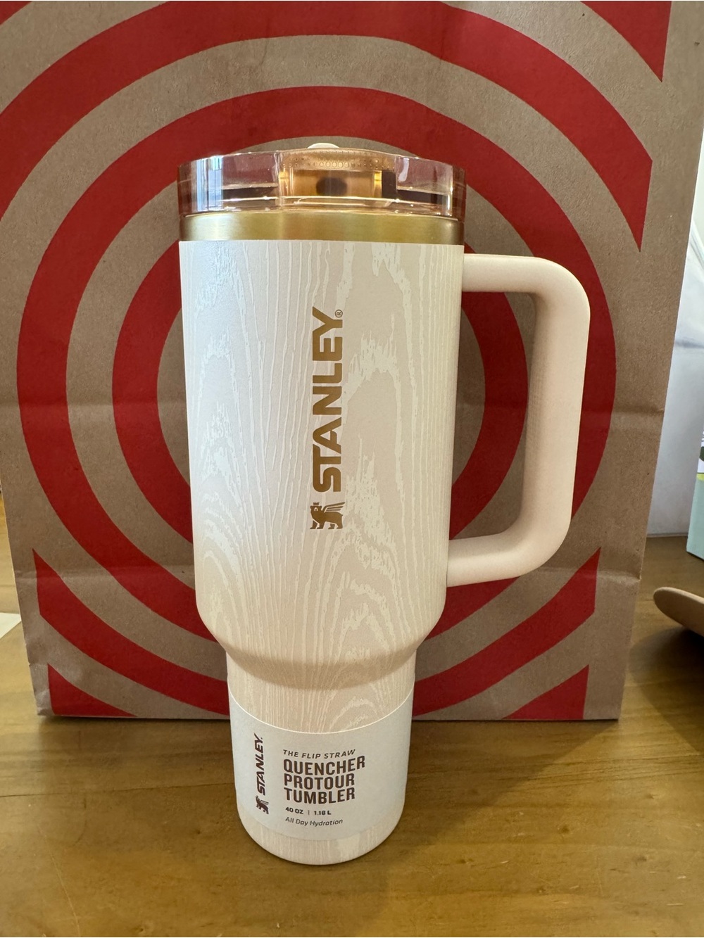 Stanley Quencher ProTour Flip Straw 40oz Cream Woodgrain Gold Tumbler